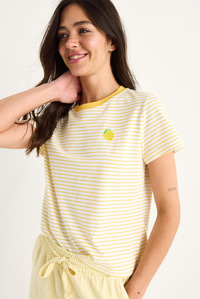 Kadın Limon Nakışlı Çizgili Pamuklu Basic T-Shirt 3369 60283387 - Limon Sarısı