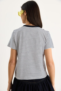 Kadın Limon Nakışlı Çizgili Pamuklu Basic T-Shirt 3369 60283387 - Lacivert-Beyaz