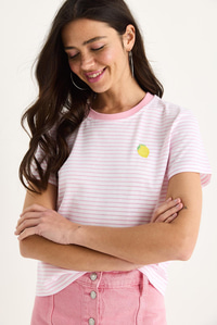 Kadın Limon Nakışlı Çizgili Pamuklu Basic T-Shirt 3369 60283387 - Şeker Pembe