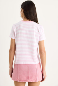 Kadın Limon Nakışlı Çizgili Pamuklu Basic T-Shirt 3369 60283387 - Şeker Pembe