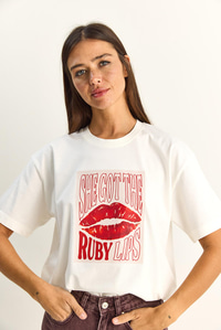 Kadın Lip Print Baskılı %100 Pamuk Oversize Basic T-Shirt ÖT261058 60286100 - Beyaz T-SHİRT modelleri