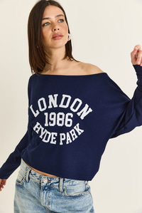 Kadın London Baskılı Kayık Yaka Modal Bluz 6199 60286522 - Lacivert BLUZ modelleri