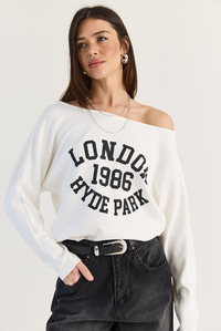 Kadın London Baskılı Kayık Yaka Modal Bluz 6199 60286522 - Beyaz BLUZ modelleri