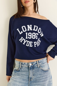 Kadın London Baskılı Kayık Yaka Modal Bluz 6199 60286522 - Lacivert BLUZ modelleri