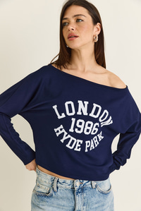 Kadın London Baskılı Kayık Yaka Modal Bluz 6199 60286522 - Lacivert BLUZ modelleri