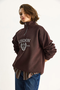 Kadın London İşlemeli Dik Yaka Fermuar Detaylı Şardonlu Oversize Sweatshirt 10003 60283529 - Kahverengi SWEATSHİRT modelleri