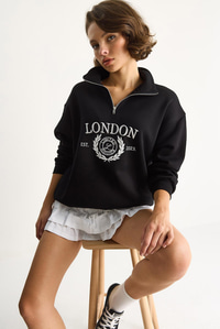 Kadın London İşlemeli Dik Yaka Fermuar Detaylı Şardonlu Oversize Sweatshirt 10003 60283529 - Siyah SWEATSHİRT modelleri