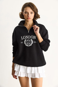 Kadın London İşlemeli Dik Yaka Fermuar Detaylı Şardonlu Oversize Sweatshirt 10003 60283529 - Siyah SWEATSHİRT modelleri