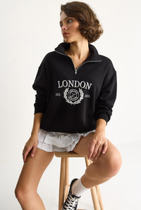 Kadın London İşlemeli Dik Yaka Fermuar Detaylı Şardonlu Oversize Sweatshirt 10003 60283529 - Siyah SWEATSHİRT modelleri