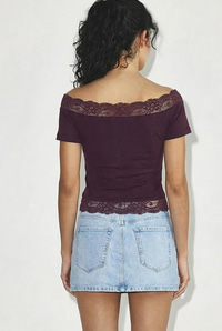 Kadın Madonna Yaka Dantel Detaylı Soft Touch Crop Bluz 0992 60286052 - Mürdüm BLUZ modelleri