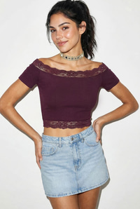 Kadın Madonna Yaka Dantel Detaylı Soft Touch Crop Bluz 0992 60286052 - Mürdüm BLUZ modelleri