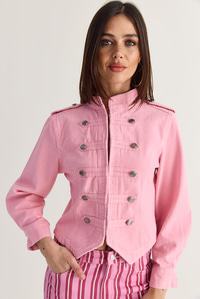 Kadın Mao Yaka Dekoratif Düğmeli Dar Kesim Denim Napolyon Ceket 2955 60286503 - Pembe CEKET modelleri