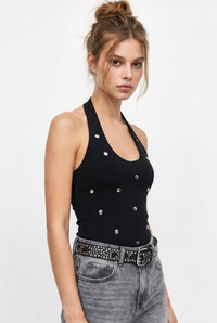 Kadın Metal Aksesuarlı Halter Yaka Vücuda Oturan Bluz 1061 60286240 - Siyah BLUZ modelleri