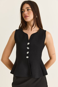 Kadın Metal Düğme Detaylı V Yaka Peplum Triko Yelek 2785 60286529 - Siyah YELEK modelleri