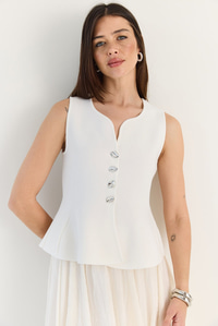 Kadın Metal Düğme Detaylı V Yaka Peplum Triko Yelek 2785 60286529 - Ekru YELEK modelleri