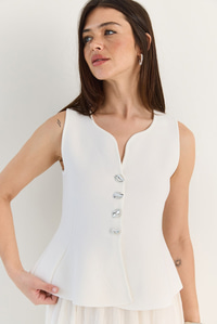 Kadın Metal Düğme Detaylı V Yaka Peplum Triko Yelek 2785 60286529 - Ekru YELEK modelleri