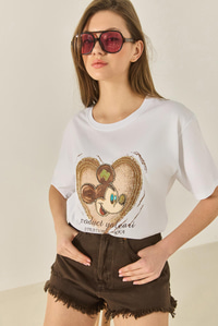 Kadın Mickey Mouse Baskılı Boncuk İşlemeli Oversize Pamuklu T-Shirt 1633 60283284 - Beyaz