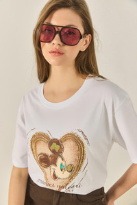 Kadın Mickey Mouse Baskılı Boncuk İşlemeli Oversize Pamuklu T-Shirt 1633 60283284 - Beyaz