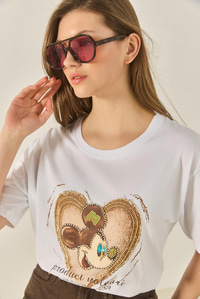 Kadın Mickey Mouse Baskılı Boncuk İşlemeli Oversize Pamuklu T-Shirt 1633 60283284 - Beyaz