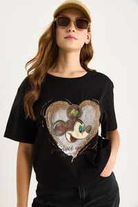 Kadın Mickey Mouse Baskılı Boncuk İşlemeli Oversize Pamuklu T-Shirt 1633 60283284 - Siyah