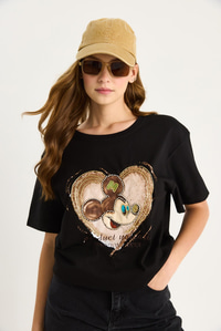 Kadın Mickey Mouse Baskılı Boncuk İşlemeli Oversize Pamuklu T-Shirt 1633 60283284 - Siyah