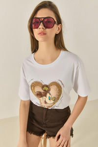 Kadın Mickey Mouse Baskılı Boncuk İşlemeli Oversize Pamuklu T-Shirt 1633 60283284 - Beyaz