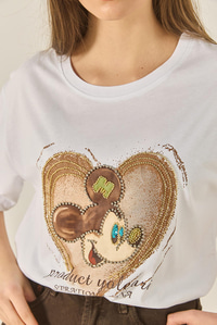 Kadın Mickey Mouse Baskılı Boncuk İşlemeli Oversize Pamuklu T-Shirt 1633 60283284 - Beyaz