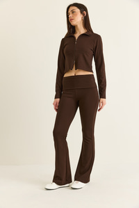 Kadın Modal Çift Fermuarlı Crop Hırka İspanyol Paça Pantolon Takım 36051 60286544 - Acı Kahve ALT - ÜST TAKIM modelleri