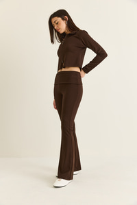 Kadın Modal Çift Fermuarlı Crop Hırka İspanyol Paça Pantolon Takım 36051 60286544 - Acı Kahve ALT - ÜST TAKIM modelleri