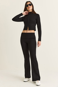 Kadın Modal Çift Fermuarlı Crop Hırka İspanyol Paça Pantolon Takım 36051 60286544 - Siyah ALT - ÜST TAKIM modelleri