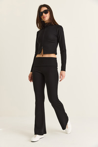 Kadın Modal Çift Fermuarlı Crop Hırka İspanyol Paça Pantolon Takım 36051 60286544 - Siyah ALT - ÜST TAKIM modelleri
