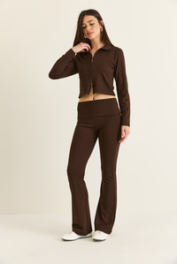 Kadın Modal Çift Fermuarlı Crop Hırka İspanyol Paça Pantolon Takım 36051 60286544 - Acı Kahve ALT - ÜST TAKIM modelleri