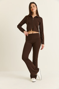 Kadın Modal Çift Fermuarlı Crop Hırka İspanyol Paça Pantolon Takım 36051 60286544 - Acı Kahve ALT - ÜST TAKIM modelleri