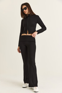 Kadın Modal Çift Fermuarlı Crop Hırka İspanyol Paça Pantolon Takım 36051 60286544 - Siyah ALT - ÜST TAKIM modelleri