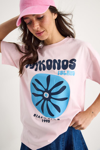 Kadın Mykonos Baskılı Oversize Pamuklu T-Shirt 5446 60283290 - Pudra