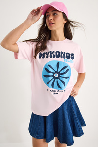 Kadın Mykonos Baskılı Oversize Pamuklu T-Shirt 5446 60283290 - Pudra