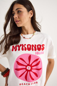 Kadın Mykonos Baskılı Oversize Pamuklu T-Shirt 5446 60283290 - Beyaz