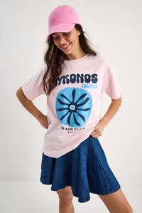 Kadın Mykonos Baskılı Oversize Pamuklu T-Shirt 5446 60283290 - Pudra