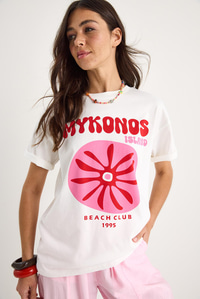 Kadın Mykonos Baskılı Oversize Pamuklu T-Shirt 5446 60283290 - Beyaz
