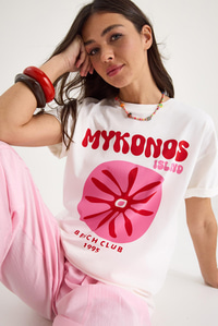 Kadın Mykonos Baskılı Oversize Pamuklu T-Shirt 5446 60283290 - Beyaz