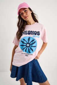 Kadın Mykonos Baskılı Oversize Pamuklu T-Shirt 5446 60283290 - Pudra