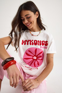 Kadın Mykonos Baskılı Oversize Pamuklu T-Shirt 5446 60283290 - Beyaz