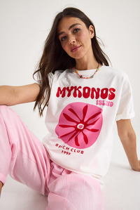 Kadın Mykonos Baskılı Oversize Pamuklu T-Shirt 5446 60283290 - Beyaz