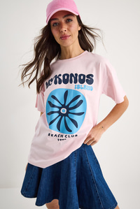 Kadın Mykonos Baskılı Oversize Pamuklu T-Shirt 5446 60283290 - Pudra
