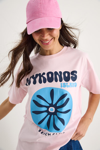 Kadın Mykonos Baskılı Oversize Pamuklu T-Shirt 5446 60283290 - Pudra