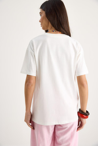 Kadın Mykonos Baskılı Oversize Pamuklu T-Shirt 5446 60283290 - Beyaz