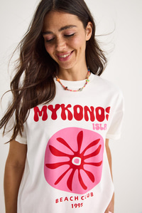 Kadın Mykonos Baskılı Oversize Pamuklu T-Shirt 5446 60283290 - Beyaz