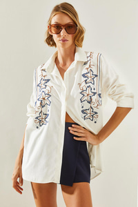 Kadın Nakış İşleme Desenli Oversize Gömlek 5928 60251479 - Beyaz GÖMLEK modelleri