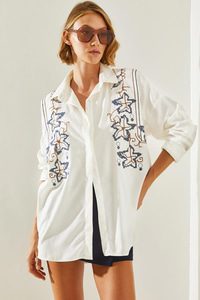 Kadın Nakış İşleme Desenli Oversize Gömlek 5928 60251479 - Beyaz GÖMLEK modelleri