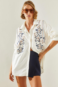 Kadın Nakış İşleme Desenli Oversize Gömlek 5928 60251479 - Beyaz GÖMLEK modelleri